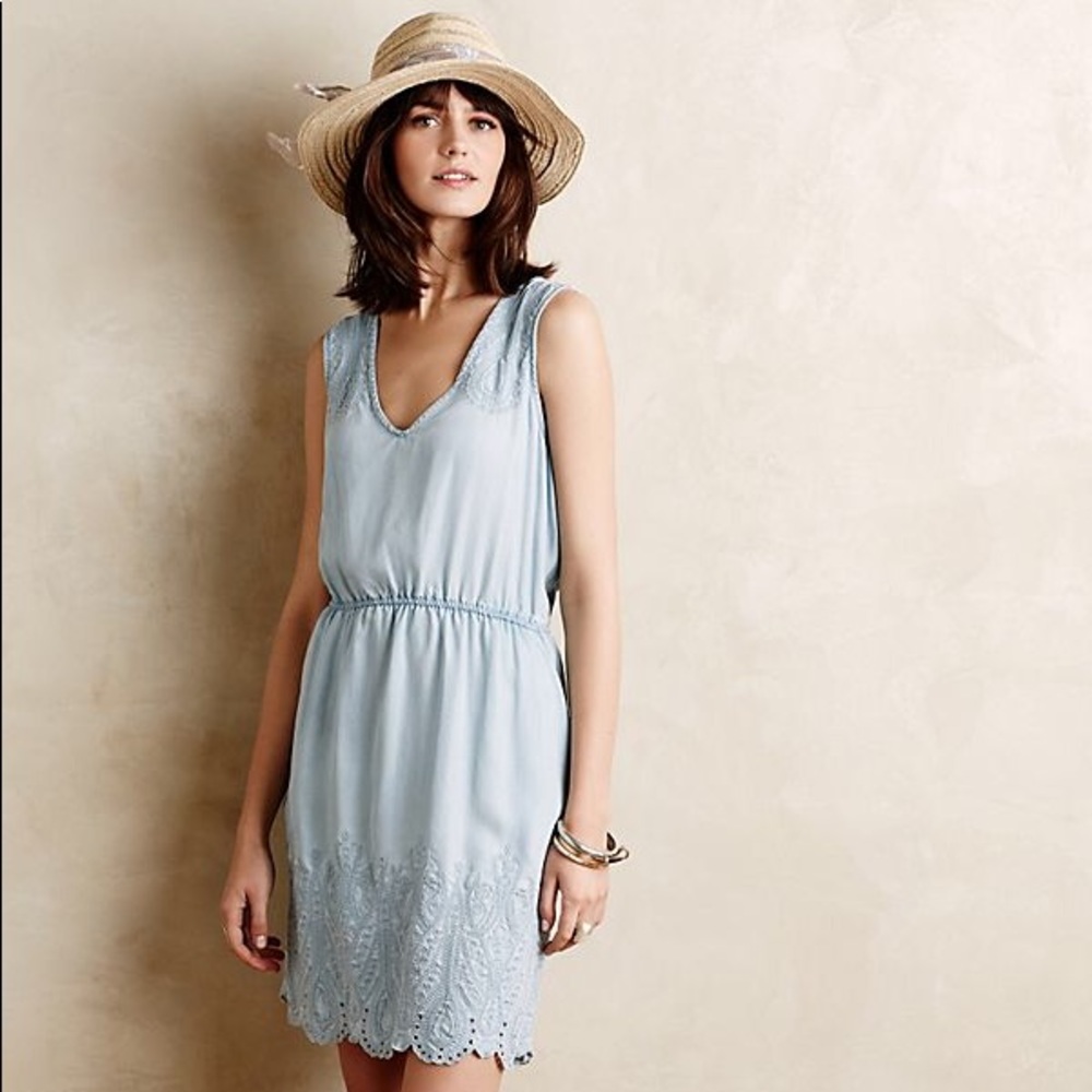 Anthropologie Embroidered Chambray Dress